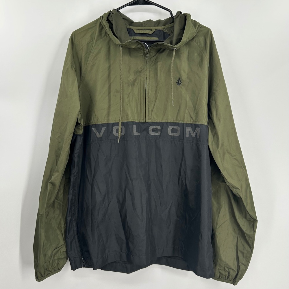 Volcom Womens Windbreaker Anorak Jacket Olive Green Black Quarter Zip Hooded L